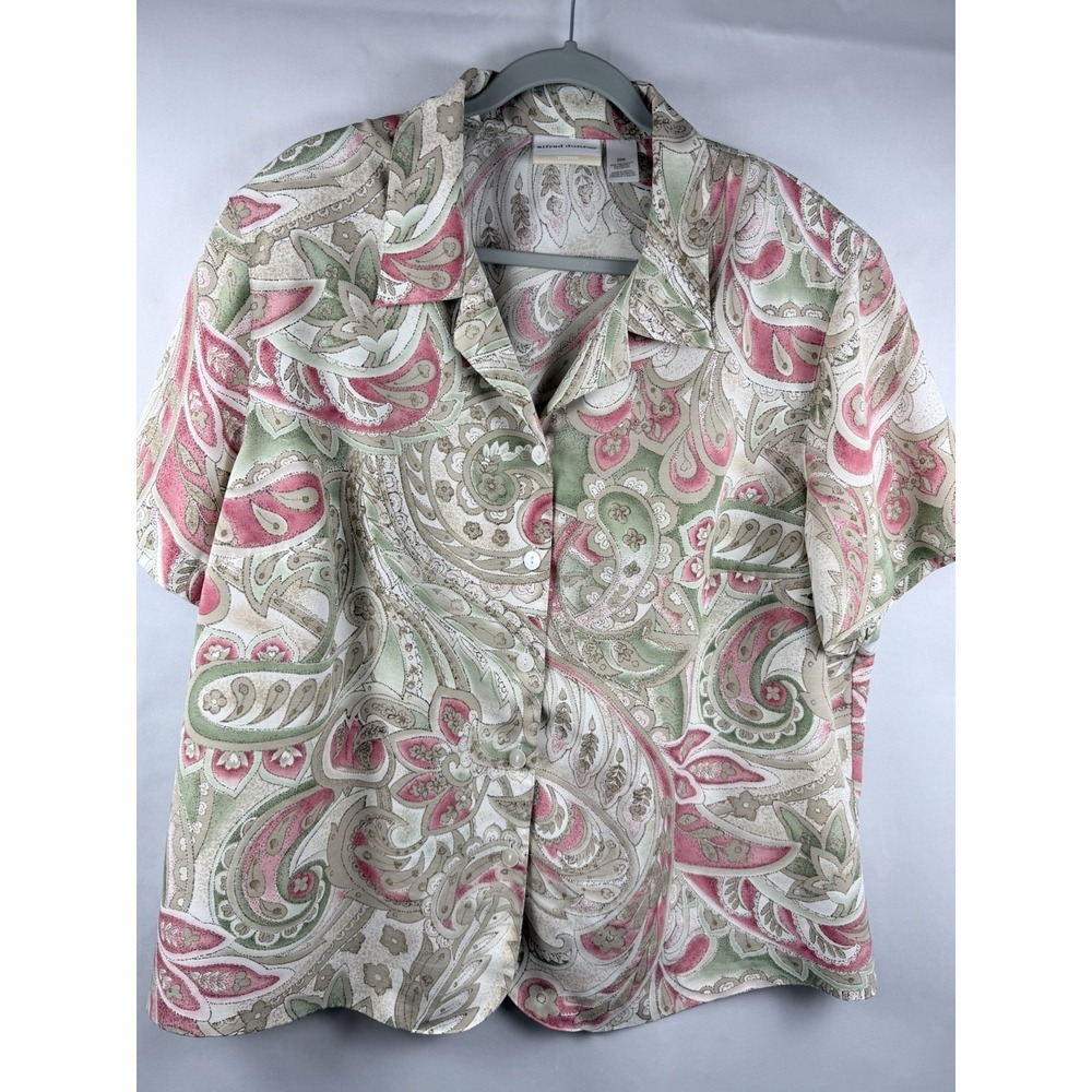 Alfred Dunner Womens 22W Paisley Button Front Shirt Pink Green Short Sleeve